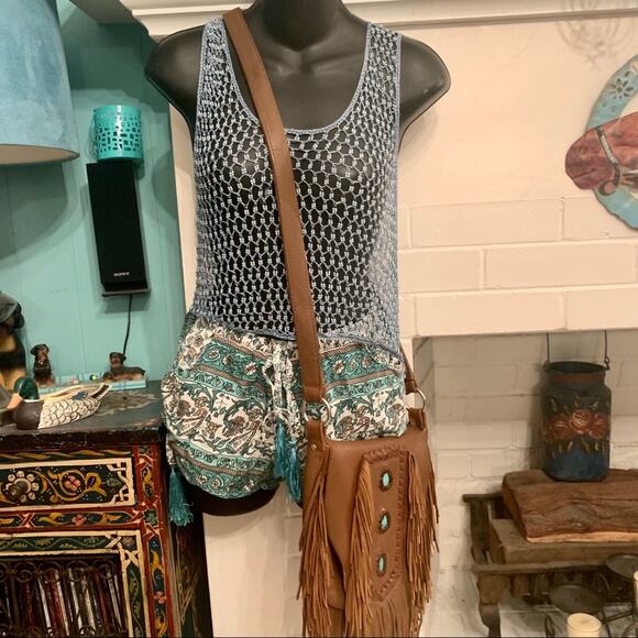 OOBERSWANK TURQUOISE RAYON BOHO PRINT SHORTS FRINGE TASSELS S NWOT - Picture 4 of 8